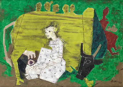 M.F. Husain (Artist), Untitled (Cow and White Lady), 1956, Painting