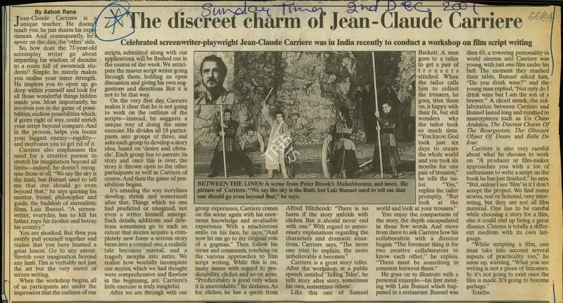 Ashok Rane (Reporter), The Discreet Charm of Jean-Claude Carriere, 2001, Newspaper Clipping