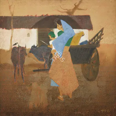 Bendre, N.S. (Artist). Untitled (Mother and Child), 1987 | Painting, Sa.Mum/13.12.23, 2023 · Saffronart