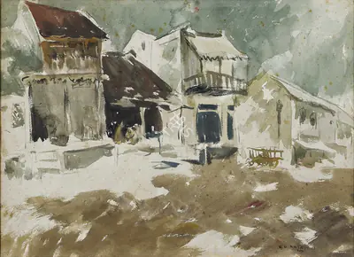 S.H. Raza (Artist), Untitled (Street Scene), 1947, Painting