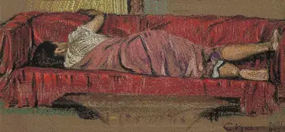 Chintamoni Kar (Artist), Sleeping Woman On A Sofa, 1943, Drawing