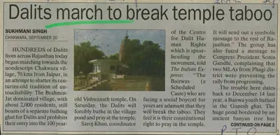 Sukhmani Singh (Reporter), Dalits March to Break Temple Taboo, 2002, Newspaper Clipping