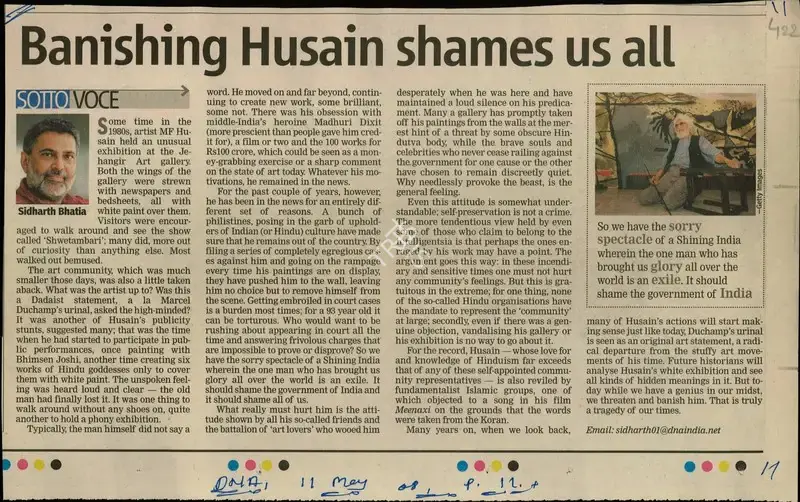 Sidharth Bhatia (Reporter), Banishng Husain Shames Us All, 2008, Newspaper Clipping