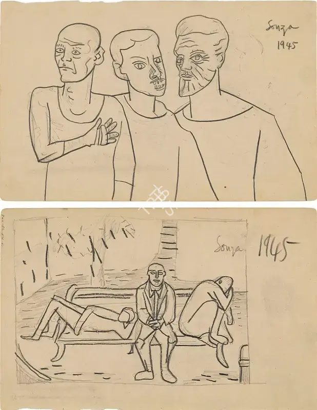 F.N. Souza (Artist), Untitled (Souza and Friends), 1945, Drawing