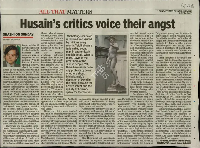 Shashi Tharoor (Reporter), Husain's critics voice their angst, 2007, Newspaper Clipping