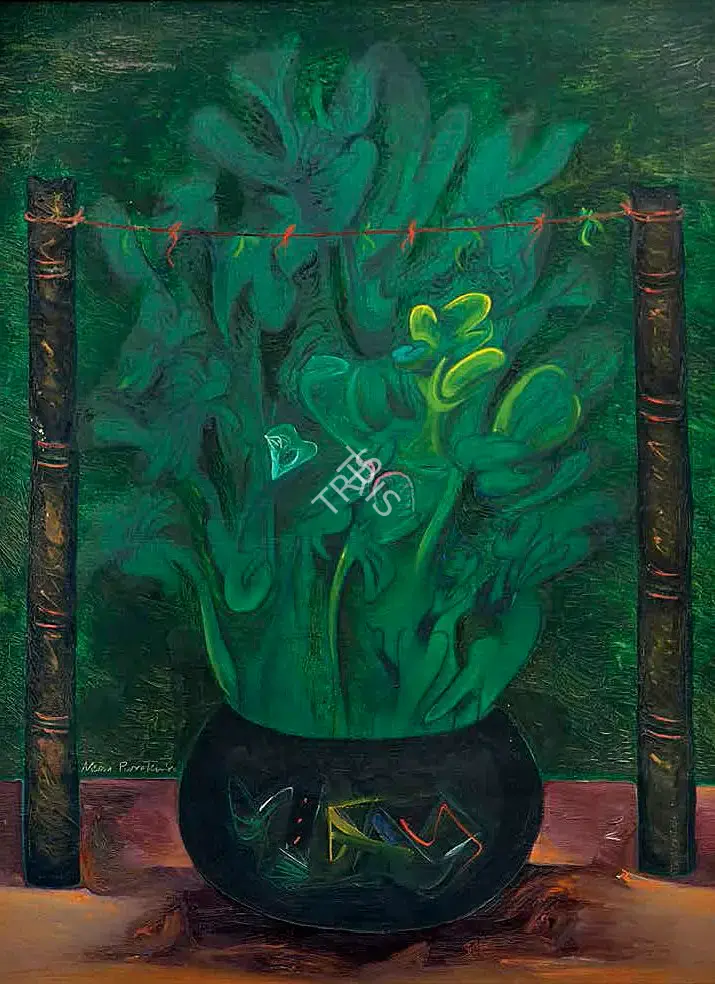 Manu Parekh (Artist), Ritual Pot and Flower, 1980, Painting