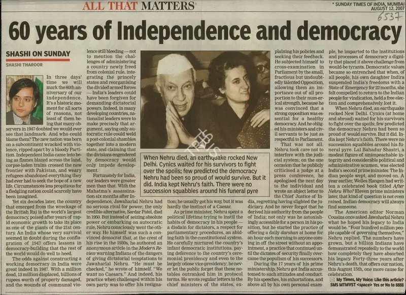 Shashi Tharoor (Reporter), 60 years of Independence and Democracy, 2007, Newspaper Clipping