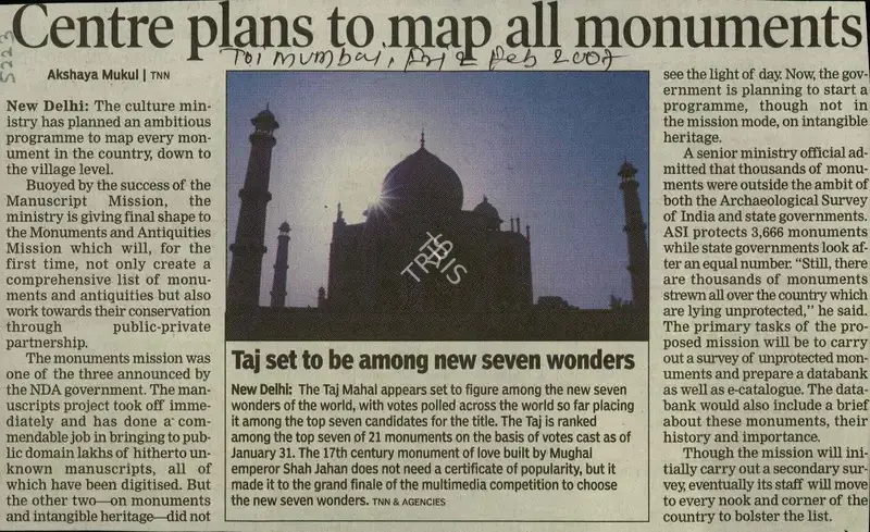 Akshaya Mukul (Reporter), Centre Plans to Map all Monuments, 2007, Newspaper Clipping