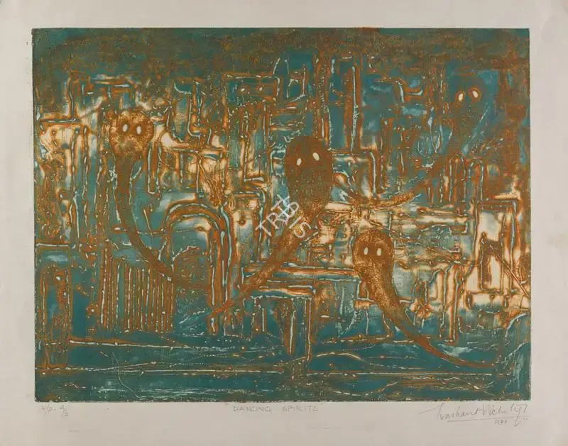 Prashant Vichitra (Artist), Dancing Spirits, 1977, Graphic Art