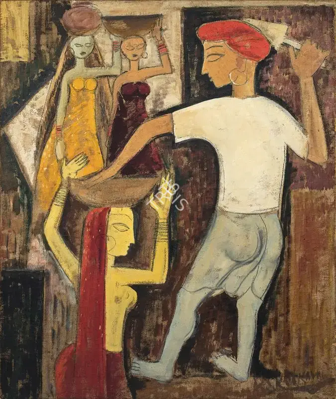 K.S. Kulkarni (Artist), Builders, 1959, Painting