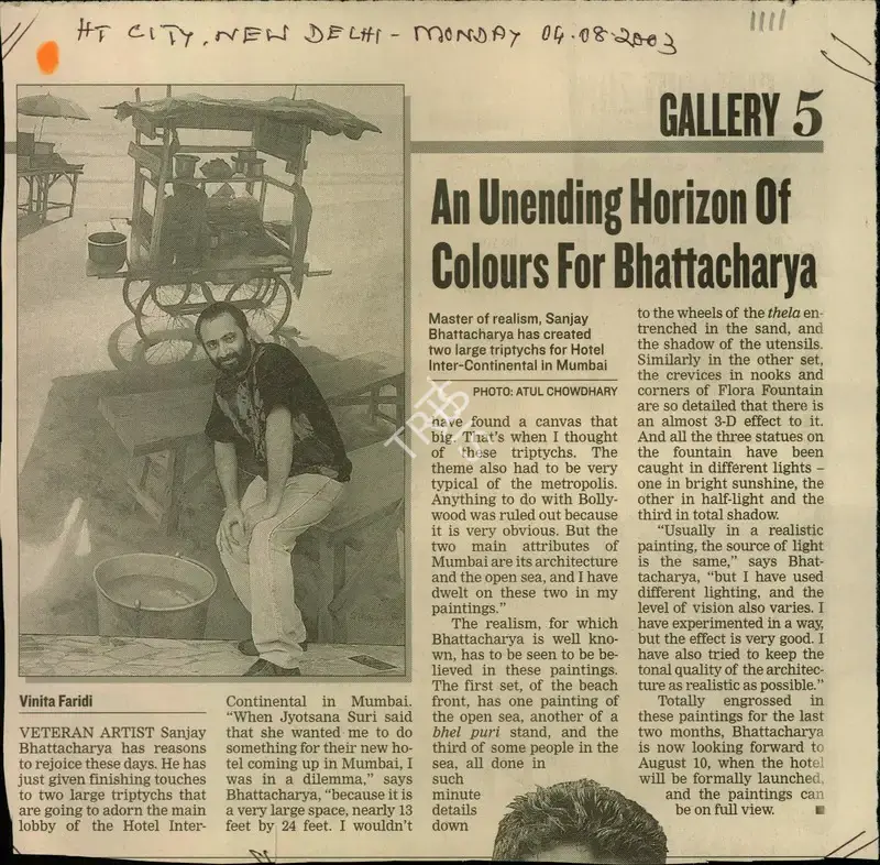 Vinita Faridi (Reporter), An Unending Horizon of Colours For Bhattacharya, 2003, Newspaper Clipping