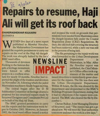 Chandrashekhar Kulkarni (Reporter), Repairs to Resume, Haji Ali will get its roof back, 2002, Newspaper Clipping