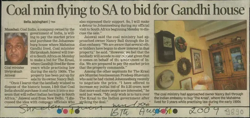 Bella Jaisinghani (Reporter), Coal Min Flying to SA to Bid For Gandhi House, 2009, Newspaper Clipping