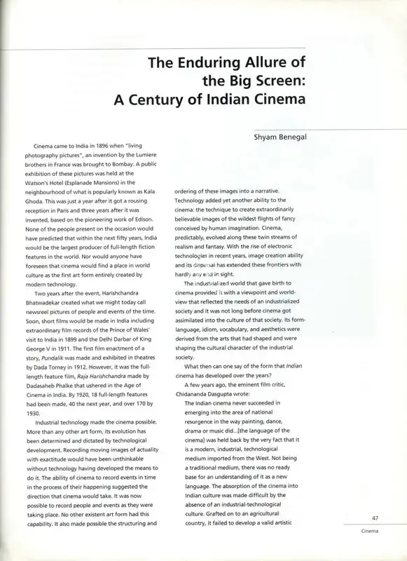 Shyam Benegal (Essayist), The Enduring Allure of the Big Screen, 2000, Essay