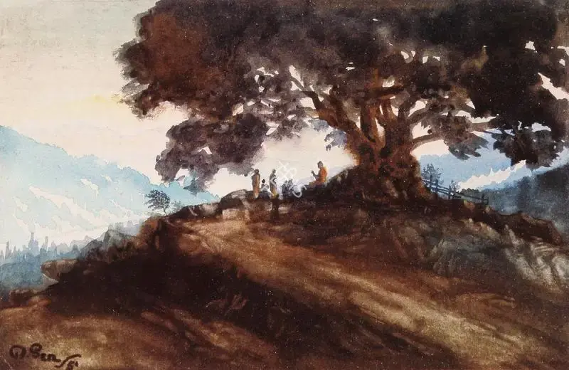 Bireshwar Sen (Artist), Buddha on a Hill Top, 1950, Painting
