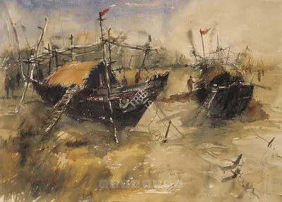 N.S. Bendre (Artist), Boats, 1940, Painting
