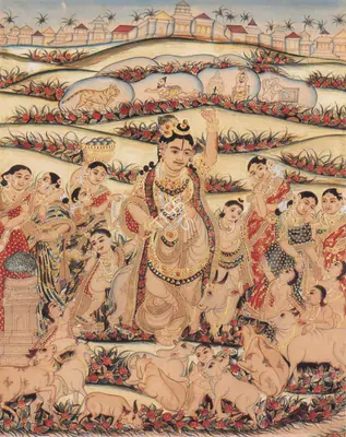 Tanjore School (Artist), Krishna and Gopis with Cows in a Landscape, 1910, Painting