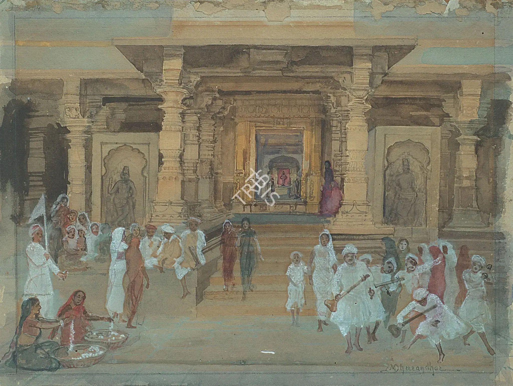M.V. Dhurandhar (Artist), Before The Vitoba Temple Steps, Pandharpur, 1920, Painting