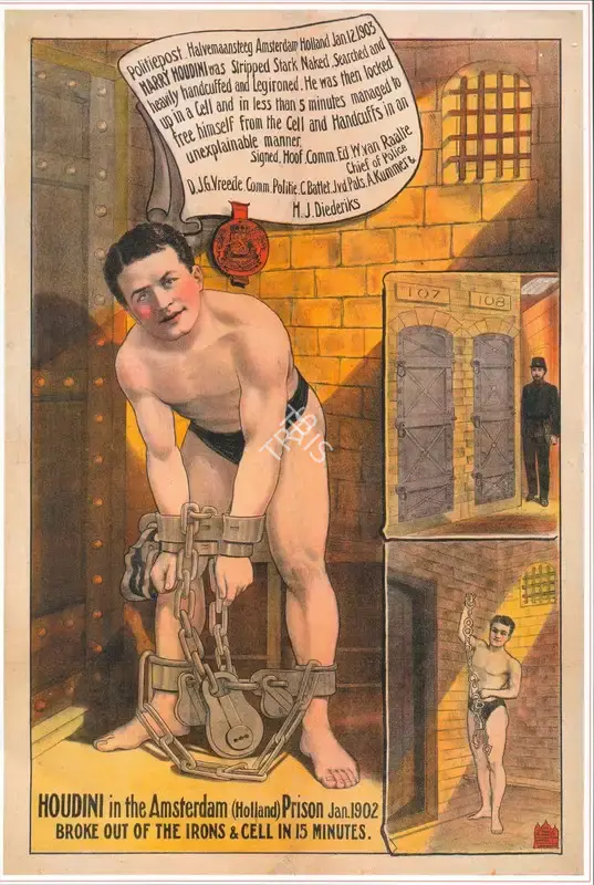 Harry Houdini (Magician), Houdini in Amsterdam (Holland) Prison Jan. 1902, Magic Publicity Art & Memorabilia