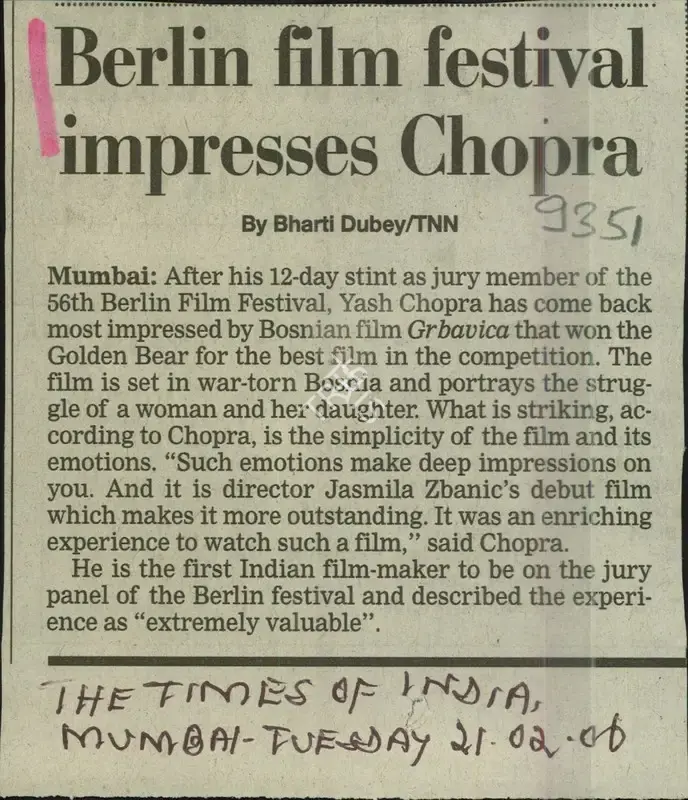 Bharati Dubey (Reporter), Berlin Film Festival Impresses Chopra, 2006, Newspaper Clipping