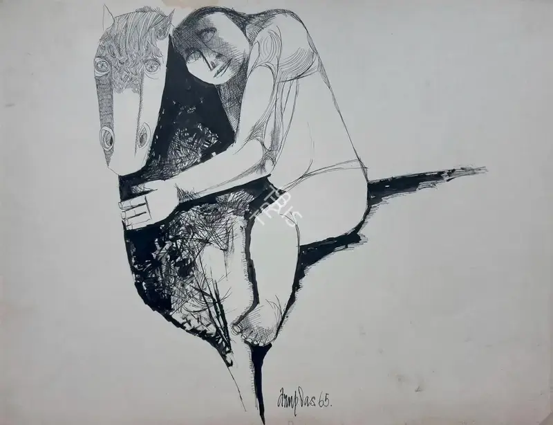 Arup Das (Artist), Untitled (Man with Horse), 1965, Drawing