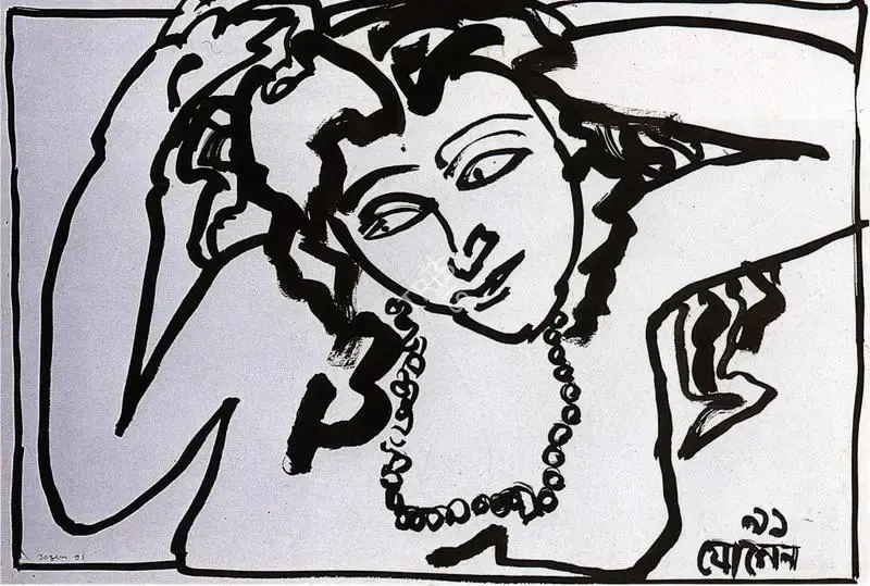 Jogen Chowdhury (Artist), Lady in front of a Mirror, 1991, Drawing