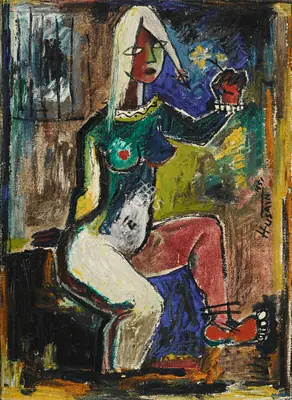 M.F. Husain (Artist), Untitled (Girl with Flower), 1951, Painting