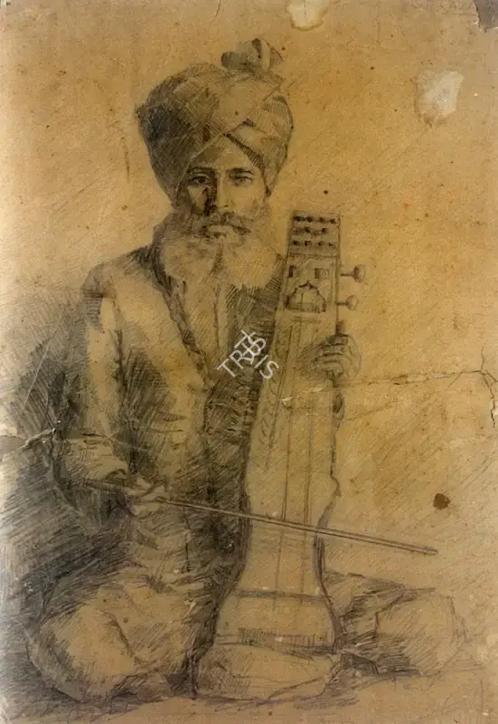 S.H. Raza (Artist), Portrait Of Sarangi Player Ustad Bundu Khan (Musical Instrument Vadak), Drawing