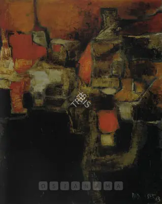 Akbar Padamsee (Artist), Village Aux Quatre Maisons Oranges, 1963, Painting