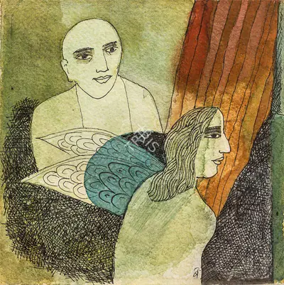 Badri Narayan (Artist), Monk and Winged Figure, 2003, Painting
