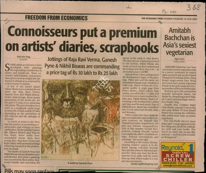 Ashoke Nag (Reporter), Connoisseurs Put a Premium on Artists' Diaries, Scrapbooks, 2008, Newspaper Clipping