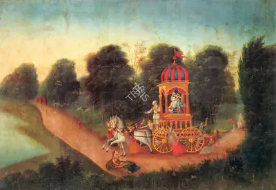 Bengal School (Artist), Krishna and Balaram leaving Mathura for Vrindavan, 1910, Painting