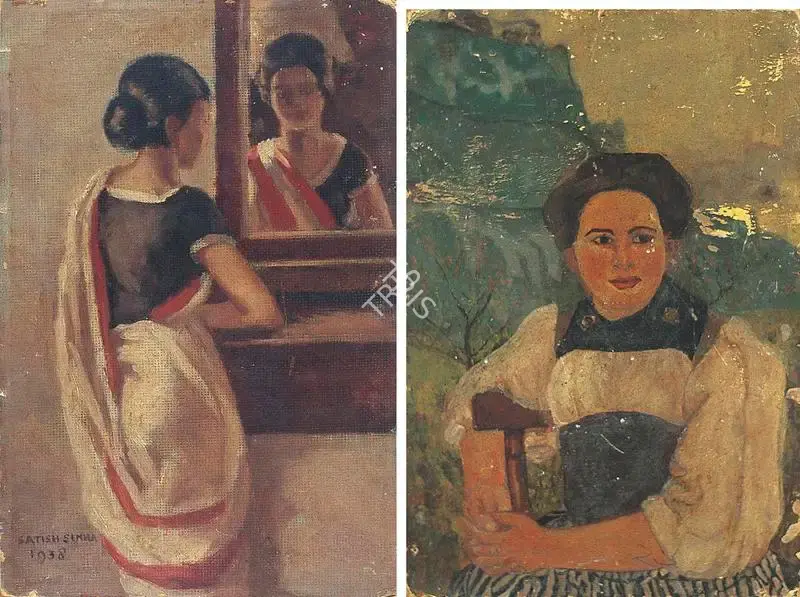 Satish Sinha (Artist), Woman Before Mirror & Swiss Woman                                                                                                (Double Sided), 1938, Painting