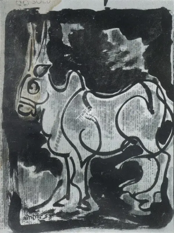 Dinkar Kowshik (Artist), Bull, 1953, Drawing