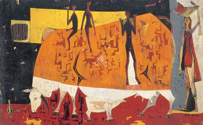 Shanti Dave (Artist), Village, 1952, Painting