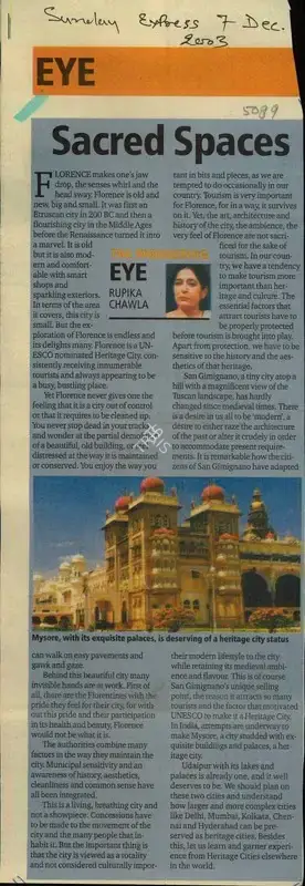 Rupika Chawla (Reporter), Sacred Spaces, 2003, Newspaper Clipping