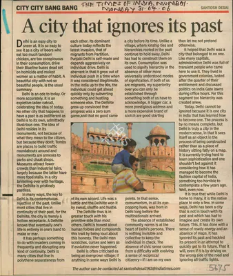 Santosh Desai (Writer), A City that Ignores Its Past, 2006, Newspaper Clipping