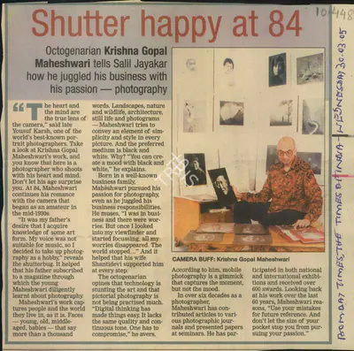 Salil Jayakar (Reporter), Shutter Happy at 84, 2005, Newspaper Clipping