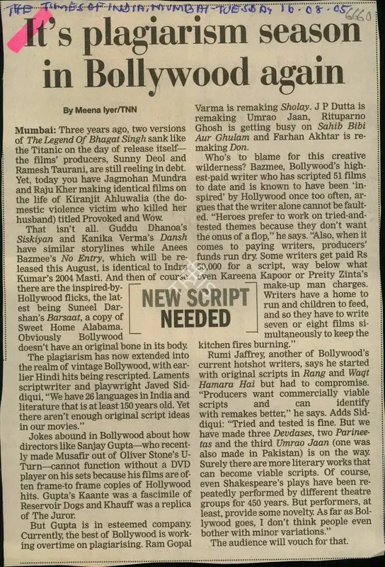 Meena Lyer (Reporter), It's Plagiarism Season in Bollywood Again, 2005, Newspaper Clipping