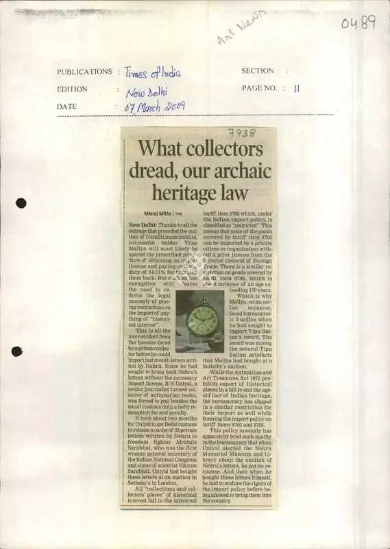 Manoj Mitta (Reporter), What Collectors Dread, Our Archaic Heritage Law, 2009, Newspaper Clipping