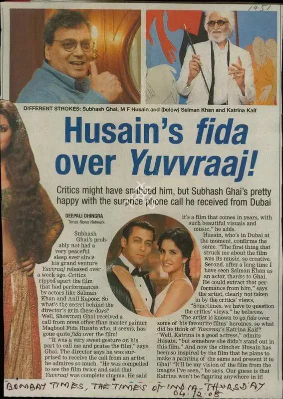 Deepali Dhingra (Reporter), Husain's Fida over Yuvvraaj!, 2008, Newspaper Clipping
