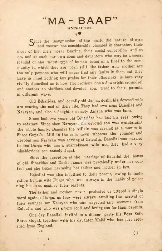 V.M. Vyas (Director), Ma Baap, 1944, Song-Synopsis Booklet