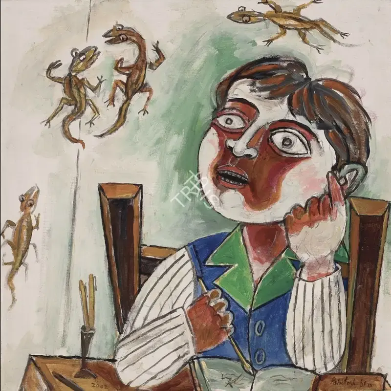 Paritosh Sen (Artist), Boy Watching Lizards on the Wall, 2002, Painting