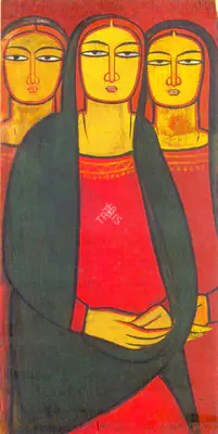 Jamini Roy (Artist), Three Mary's; Sketch Of A Woman (verso), 1943, Painting