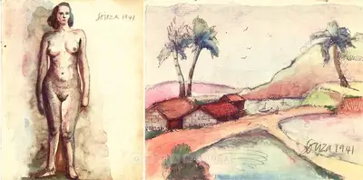 F.N. Souza (Artist), Untitled (Standing Female Nude); Untitled (Figures In Landscape) (verso), 1940, Painting