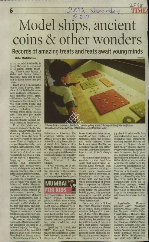 Meher Marfatia (Reporter), Model Ships, Ancient Couns & Other Wonders, 2010, Newspaper Clipping