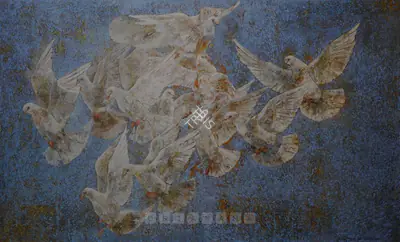Jamil Naqsh (Artist), Pigeons, 1987, Painting