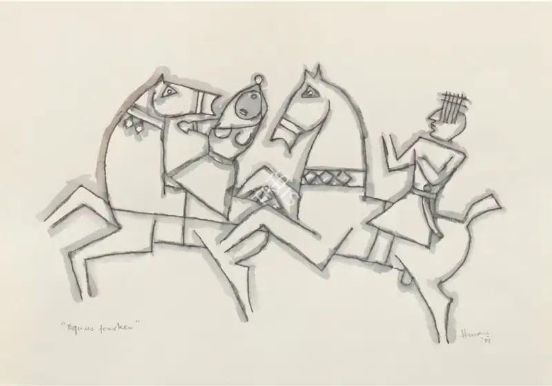 M.F. Husain (Artist), Equus Fourteen, 1981, Drawing