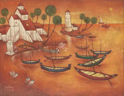 A.A. Raiba (Artist), Untitled (Landscape with boats), Painting