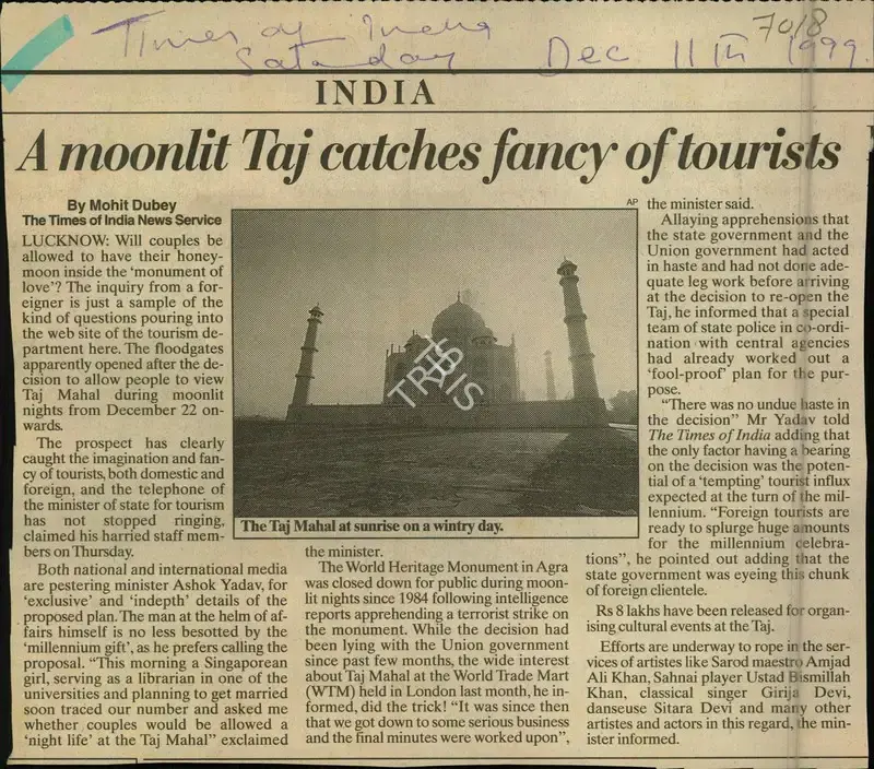 Mohit Dubey (Reporter), A Moonlit Taj Catches Fancy of Tourists, 1999, Newspaper Clipping
